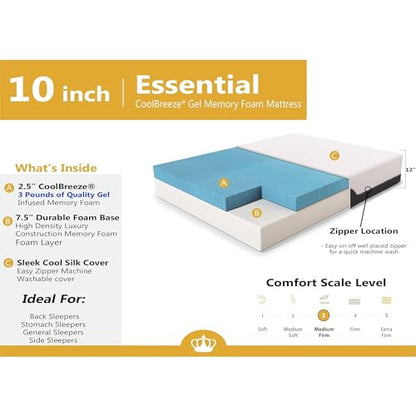 DynastyMattress 10-inch CoolBreeze Gel Memory Foam Mattress-E-King Size